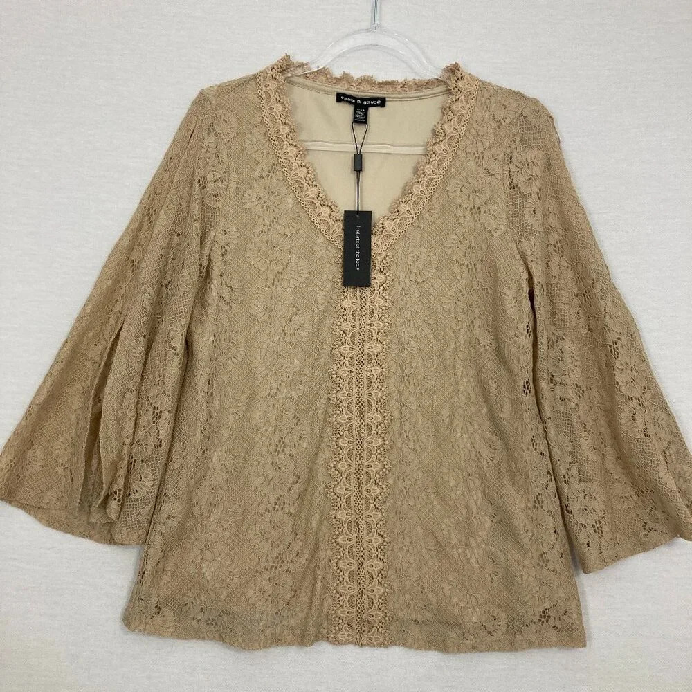New Cable &‎ Gauge Cream Tan Lace Flare Sleeve V Neck Pullover Blouse Large